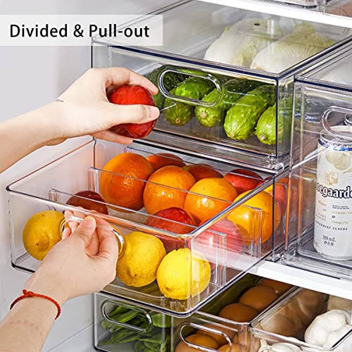 Mano Fridge Drawer Pull Out Stackable Bins with Handle Clear Refrigerator Drawers Organizer Food Storage Container Box with Dividers Plastic Produce Saver for Pantry, Cabinet, Kitchen, Clothes（4Pack） - style: 2*3L+2*6L
