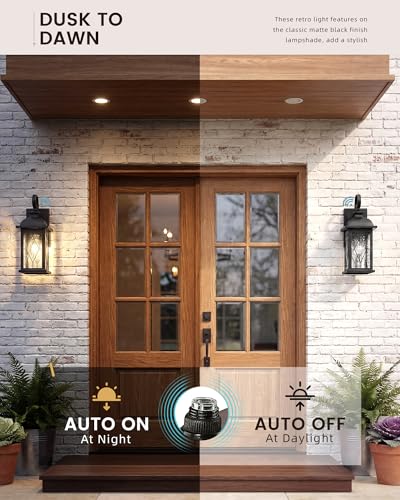 FEMILA Dusk to Dawn Outdoor Front Porch Light, 15" Exterior Waterproof Wall Light Fixtures, Matte Black Finish with Hammered Glass, E26 Socket, 4FD54B-PC BK-SD - color: Matte Black, Lozenge Pattern, size: 15", Dusk to Dawn