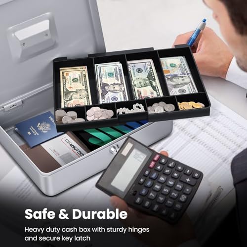 Flexzion Small Cash Box with Money Tray and Lock, 11.4-Inch, Silver - color: Silver