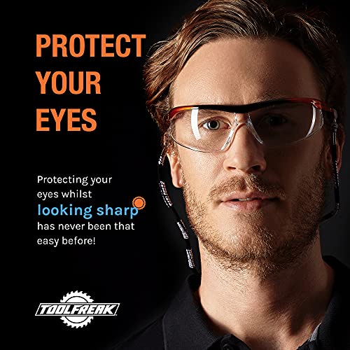 ToolFreak Safety Glasses, Wraparound Lens, ANSI z87.1, Impact Protection, U6 UV, Neck Cord and Microfibre Pouch,(Agent) - style: Clear Lens