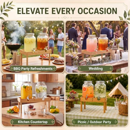 1-2 Gallon Bamboo Drink Dispenser Stand Beverage Dual Drink Stand for Party