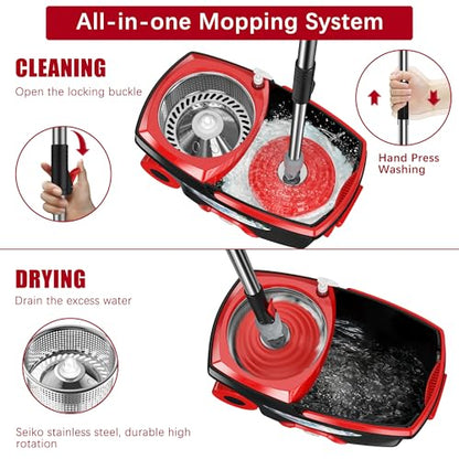 FunClean Large Spin Mop Bucket Set with Wringer, 2 Gal Capacity, Black - size: Large - 6 Mop Heads - Black