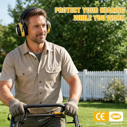 AM/FM Radio Headphones for Mowing, NRR 30dB Hearing Protection - color: Black-Yellow