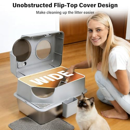 Stainless Steel Litter Box with Lid,Extra Large Enclosed cat Litter Box - color: Enclosed-XL