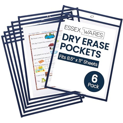 Essex Wares - 6 Pack, Navy Blue Dry Erase Pockets, 10" Wide x 13.5" Tall - color: Navy Blue
