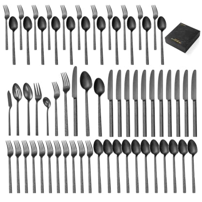 65 Pcs Black Hammered Silverware Set with Serving Utensils for 12 - color: Black, size: 65-Piece