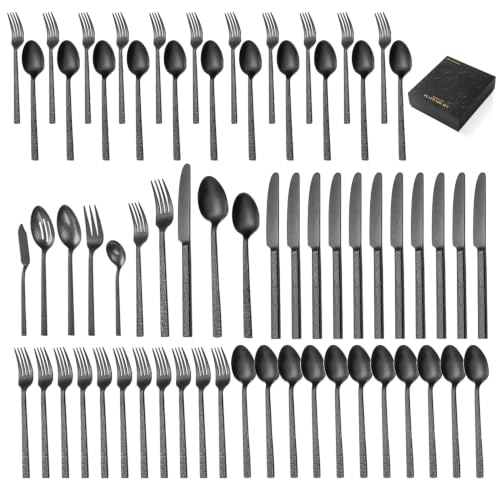 65 Pcs Black Hammered Silverware Set with Serving Utensils for 12 - color: Black, size: 65-Piece