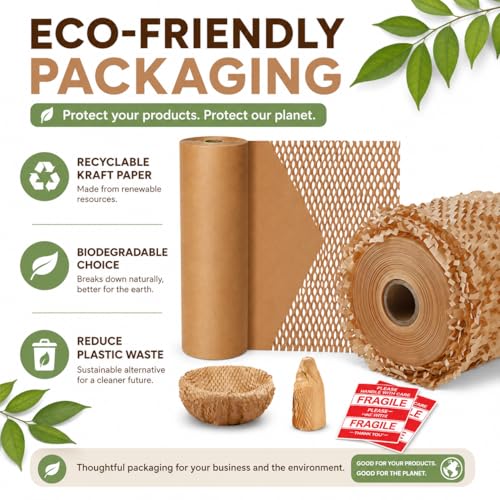 Honeycomb Packing Paper, Bubble Cushioning Wrap Alternative for Moving & Gift Wrapping, Includes 20 Fragile Sticker Labels (15Inchx200Feet) - size: 15Inchx200Feet