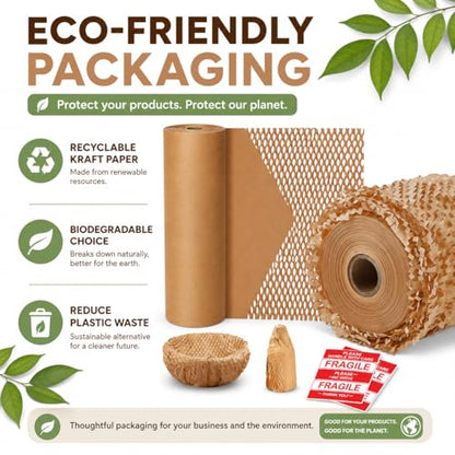 Honeycomb Packing Paper, Bubble Cushioning Wrap Alternative for Moving & Gift Wrapping, Includes 20 Fragile Sticker Labels (15Inchx200Feet) - size: 15Inchx200Feet