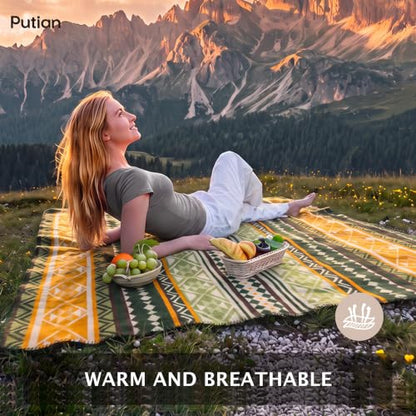 PuTian 100% Wool Blanket - Camping Outdoor Blanket, Geometric Green - color: Geometric Pattern Green, size: 63" × 87"