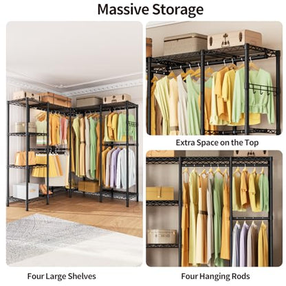 Golpart Heavy Duty Clothes Rack Metal Wardrobe with Adjustable Wire Shelves - color: Black, size: 50"D x 50"Wx 76.5"H