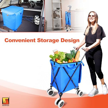 Wellmax Folding Shopping Cart with Canvas Bag & Cover, Holds 120 lb, Blue - color: Blue