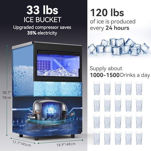 YITAHOME 120Lbs Commercial Ice Maker Machine ETL & DOE Certificated, Big Ice Makers Freestanding for Home Cafe Bar Restaurant Under Counter Ice Machine Commercial, 50pcs with 33lbs Storage Bin - size: 120LBS