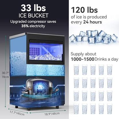 YITAHOME 120Lbs Commercial Ice Maker Machine ETL & DOE Certificated, Big Ice Makers Freestanding for Home Cafe Bar Restaurant Under Counter Ice Machine Commercial, 50pcs with 33lbs Storage Bin - size: 120LBS