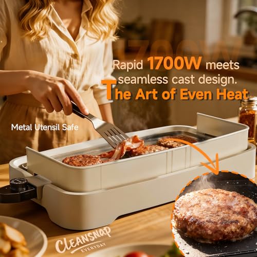 Cleansnap Everyday Electric Griddle, Great Gift for Family Feasts - 20” Nonstick Grill with Foldable Anti-Mess Shield, Rapid 1700W Heat & PPG Ceramic Coating, Dishwasher Safe, Vanilla Cream - color: Vanilla Cream