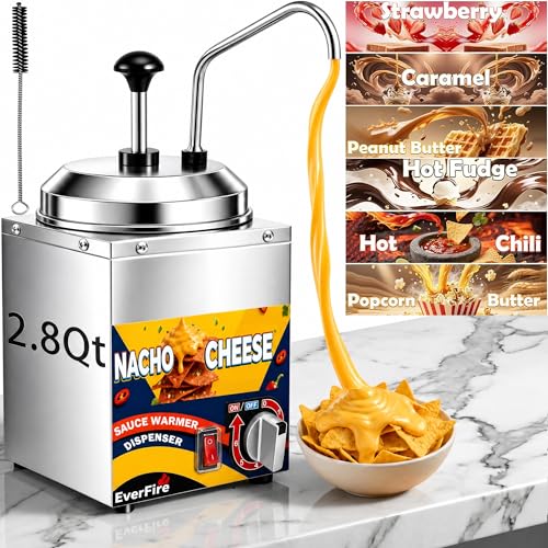 Nacho Cheese Dispenser with Stainless Steel Pump, 2.8 Qt Cheese Sauce Warmer with 6-Level Thermostat (86–194°F) – Commercial Electric Warmer for Hot Fudge, Chocolate, Caramel, Chili, Peanut Butter
