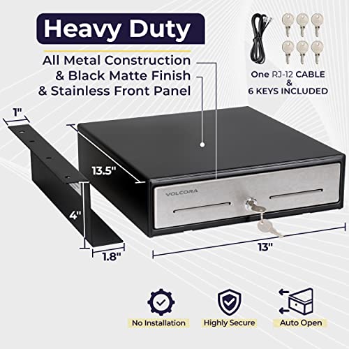 Cash Register Drawer with Under Counter Mounting Bracket - 13" Black Cash Drawer for POS, Stainless Steel Front, 4 Bill 5 Coin, Fully Removable 2 Tier Cash Tray, 12-24V RJ11/RJ12 Key-Lock - color: Black and Stainless Steel, size: 13" - 4 Bill 5 Coin with