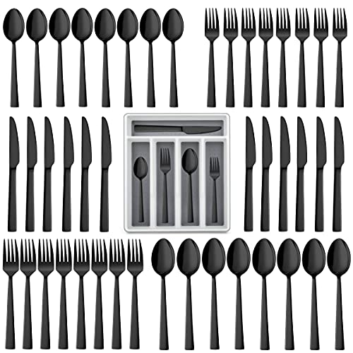 LIANYU 60-Piece Black Silverware Set with Organizer Tray, Stainless Steel Square Flatware Cutlery Set for 12, Black Eating Utensils for Home Restaurant, Dishwasher Safe, Mirror Finished - color: Black