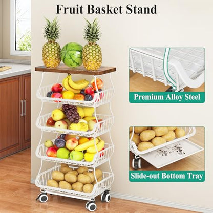 SAYZH 5-Tier Fruit and Vegetable Basket Stand for Kitchen, Wood Top, White - color: White, size: 5 Tiers