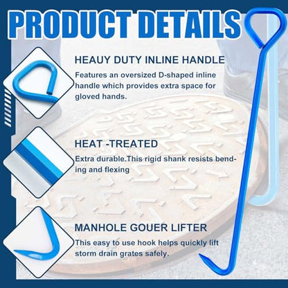 Therwen 2 Pcs Manhole Cover Hook 30 Inch with 5/8" Hex Alloy Steel Rigid Heavy Duty Manhole Cover Lifter with Inline Handle for Lid Puller Moving(Blue) - color: Blue, size: 30inch