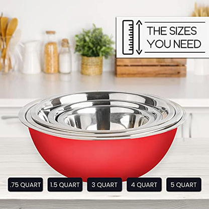 WHYSKO Stainless Steel Mixing Bowls Set, 5-Piece Meal Prep & Food Storage - color: Red