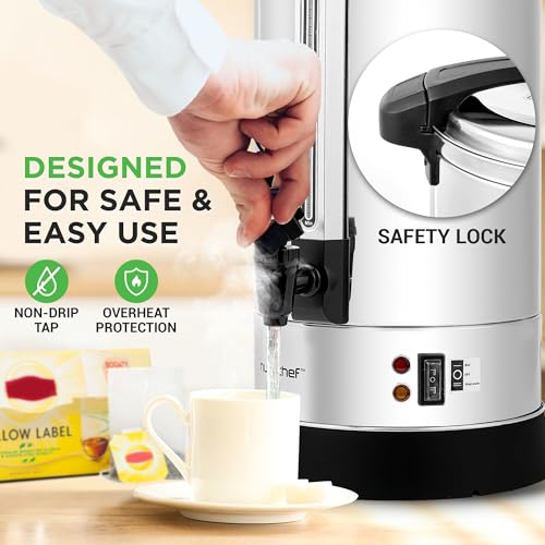 NutriChef Water Boiler and Hot Water Dispenser, 8L Electric Beverage Dispenser with Safety Lock Lid, Non-Drip Tap, Warm Function, Food Grade Stainless Steel, Home & Commercial Use, 19"x9"x9", Silver - size: 8.5 Quarts
