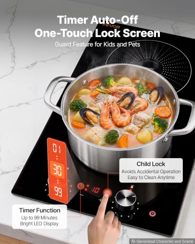 VEVOR 12 Inch Induction Cooktop 2 Burners,Built-in Electric Stove Top,Knob Control,Ceramic Glass Surface,Low-Power Continuous Heating,11 Power Levels,Child Lock,1800W,110V No Plug - size: 12IN-knob