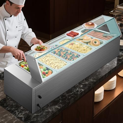 VEVOR Commercial Food Warmer, 1500W Electric Stainless Steel Steam Food Warmer with Glass Cover, 6 x 1/3 Size Pans Buffet Bain Marie with Soup & Perforated Ladles, for Catering, Restaurant & Party - size: 6x1/3Pan