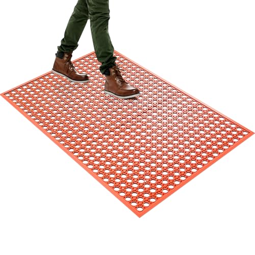 Outdoor Rubber Mat Kitchen Anti-Fatigue Entrance Floor Mats (24"x 36") Commercial Restaurant Bar Floor Mat New Outside Rubber Non Slip Drainage Mat Red - size: 36"L x 24"W x 0.4"Th Red