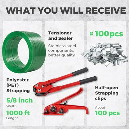 Pallet Banding Strapping Kit, Packaging with Green 5/8" x 1000 Ft PET Strap