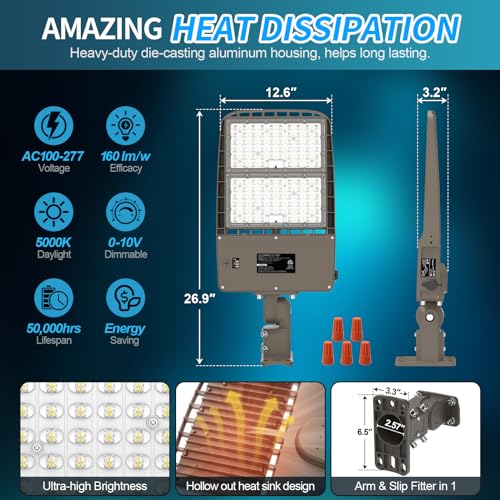 AKK LED Parking Lot Light 320W 300W 280W Adjustable, 51200LM 160LM/W 5000K, Dimmable Shoebox Area Light with Photocell, IP65 ETL 100-277V Arm & Slip Fitter Mount for Large Lots, Warehouses & Stadiums - size: 320W/300W/280W Switchable