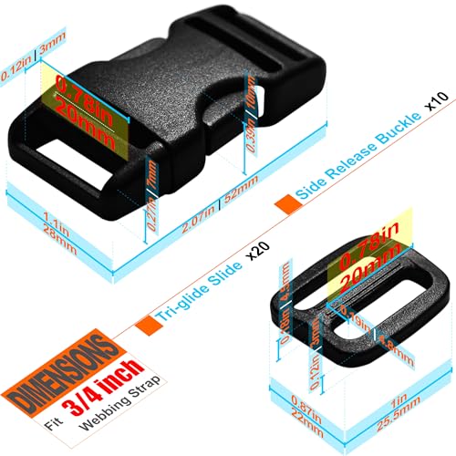 LASIGHT Buckles for 3/4 inch Wide Webbing Straps: Quick Side Release Buckles 10 set and Tri-Glide Slide 20 pcs Fit 0.75" Nylon Web Belt, Plastic Snap Fastener Clip Replacement Dual Adjustable - size: 10 Set for 3/4 inch Webbing