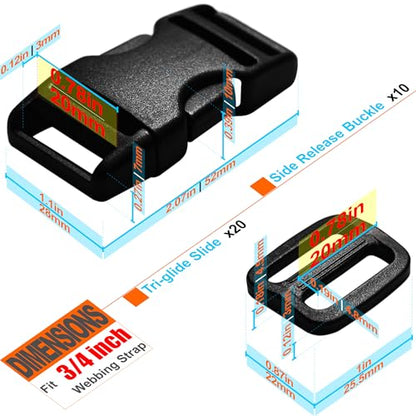 LASIGHT Buckles for 3/4 inch Wide Webbing Straps: Quick Side Release Buckles 10 set and Tri-Glide Slide 20 pcs Fit 0.75" Nylon Web Belt, Plastic Snap Fastener Clip Replacement Dual Adjustable - size: 10 Set for 3/4 inch Webbing