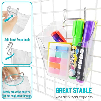 6Pack Clear Grid Wall Bins Hanging Cups with Back Hook, Gridwall Shelf Bins - color: Clear