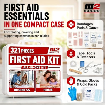 M2 BASICS 321 Piece All-Purpose First Aid Kit, Hard Case for Home, Business