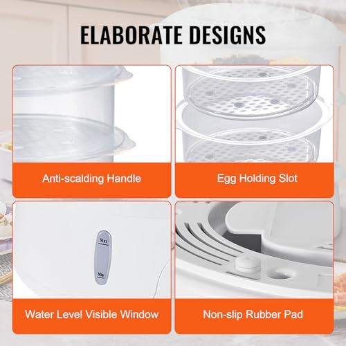 VEVOR Electric Food Steamer, 7.4Qt Electric Vegetable Steamer with 2-Tier Stackable Trays, Food-Grade Food Steamer for Cooking with 60 Min Timer, Auto Shut-Off & Boil Dry Protection (800W) - size: 2-Tier