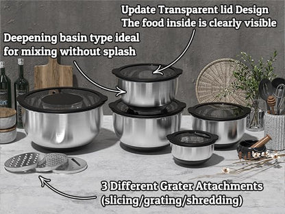 Mixing Bowls with Lids Set - Non-Slip, Airtight Warp-Proof TPR-AS Lids, Thicker Stainless Steel Bowls, Measurement Lines & 3 Graters, Prep Meal Bowl, Black Nesting Bowl for Kitchen, 5/3/2/1.5/0.63QT - color: Black