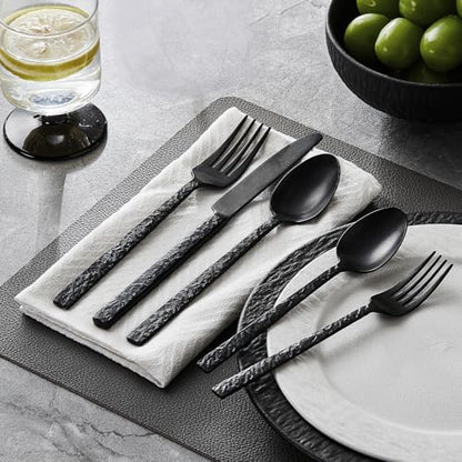 40 Pcs Black Hammered Silverware Set for 8, 18/10 Stainless Steel Flatware - color: Black, size: 40-Piece