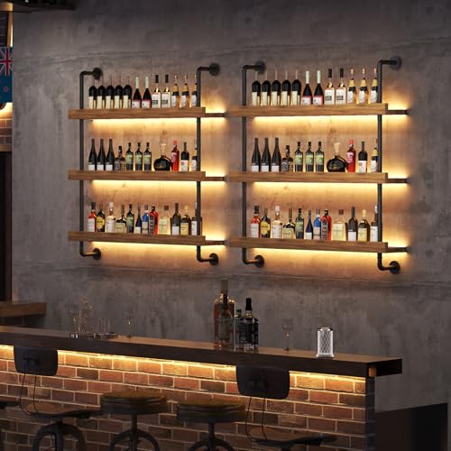 Large Wine Rack Wall Mounted with LED Light, Solid Wood Bar Shelves Wall Mounted, 3-Tiers Liquor Bottles Floating Shelves Display Storage Organizer for Home Bar, Dining Room (39.7 inch) - size: 39.7 inch