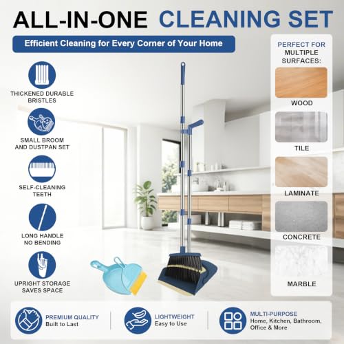 Broom and Dustpan Set, 51" Long Handle Broom with Mini Set Navy Blue - color: Blue, size: Normal