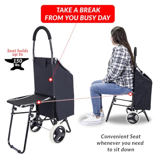 dbest Products Trolley Dolly Sport with Chair – Foldable Grocery Cart on Wheels – Multi Use Rolling Cart with Built-in Seat, Removable Bag, and Hand Truck Dolly Function, Black - size: Sport With Seat