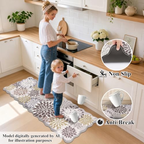 HEBE Anti Fatigue Kitchen Rugs Set of 3, Cushioned Kitchen Mats for Floor - color: Brown/Floral