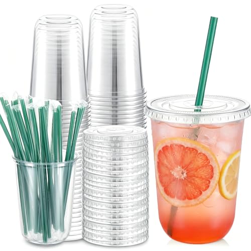 Ziliny 50 Pack 16 oz Plastic Cups with Lids Straws Iced Coffee, Green - color: Green, size: 16 oz