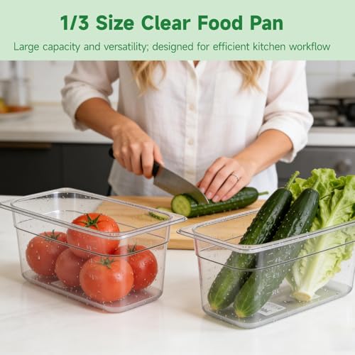 6 PCS Clear Food Pans, 1/3 Size 6 Inch Deep, 5 Qt Commercial Plastic Food Containers, Transparent Freezer-Safe Storage Pans with Frosted Non-Slip Bottom for Kitchen Prep Restaurant Buffet Party