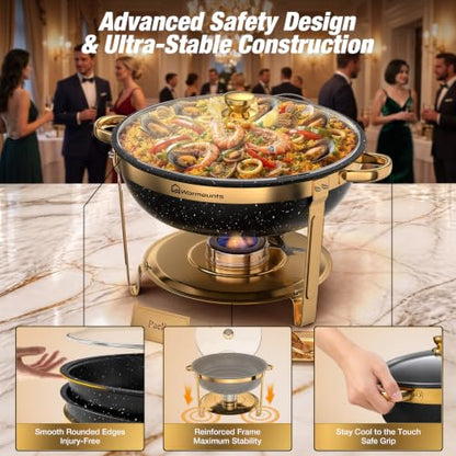 Chafing Dishes for Buffet, 4 Pack 9QT Gold Buffet Display Set, Granite-Coated Round Stainless Steel Food Warmers with Glass Lid Holder & Rolled-Edge, Stackable Storage Catering Events Supplies