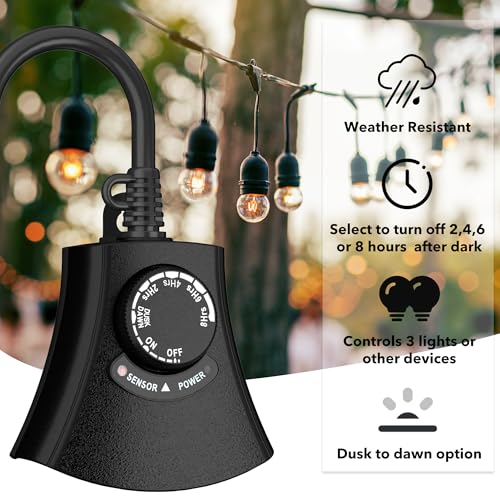 HBN Outdoor Light Timer, Dusk to Dawn Light Sensor Outlet,3 Grounded Outlet - size: 3 Outlets