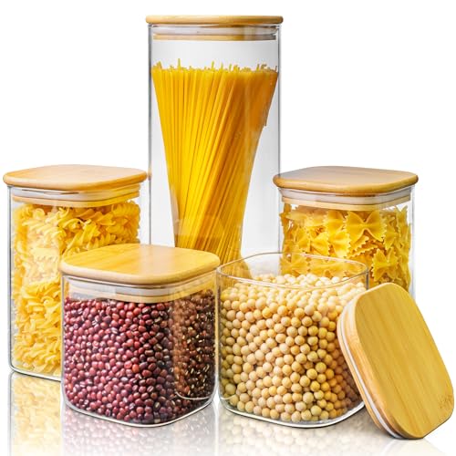 Square Glass Storage Containers with Bamboo Lids for Pasta & Flour, 5 Pack - color: Multi Size 5 Pack