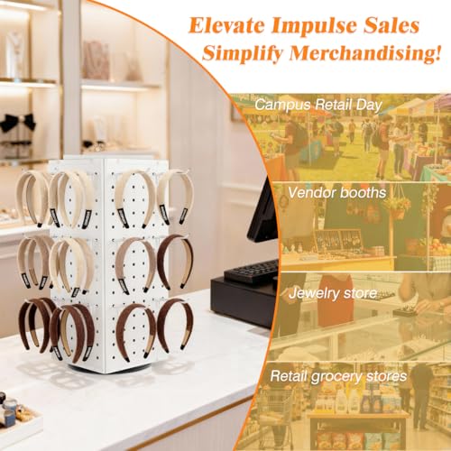 BYCY Rotating Pegboard Display Stand with 30 Hooks,Metal Spinning Peg Board Displays for Craft Shows,4-Sided Jewelry and Accessories Display Racks for Markets,Vendors,Events&Retail Stores (White) - color: White