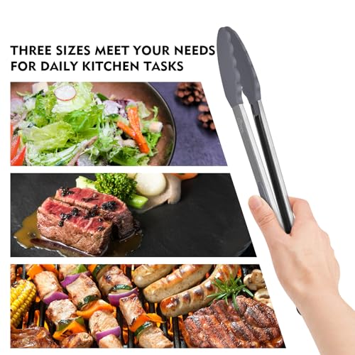 HOTEC Premium Stainless Steel Locking Kitchen Tongs with Silicon Tips, Set of 3-7", 9" and 12" (Grey) - color: Light Grey:12+9+7inch