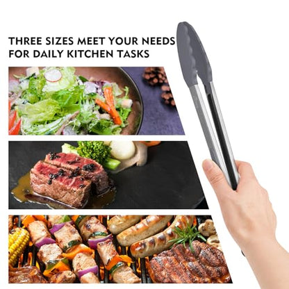HOTEC Premium Stainless Steel Locking Kitchen Tongs with Silicon Tips, Set of 3-7", 9" and 12" (Grey) - color: Light Grey:12+9+7inch